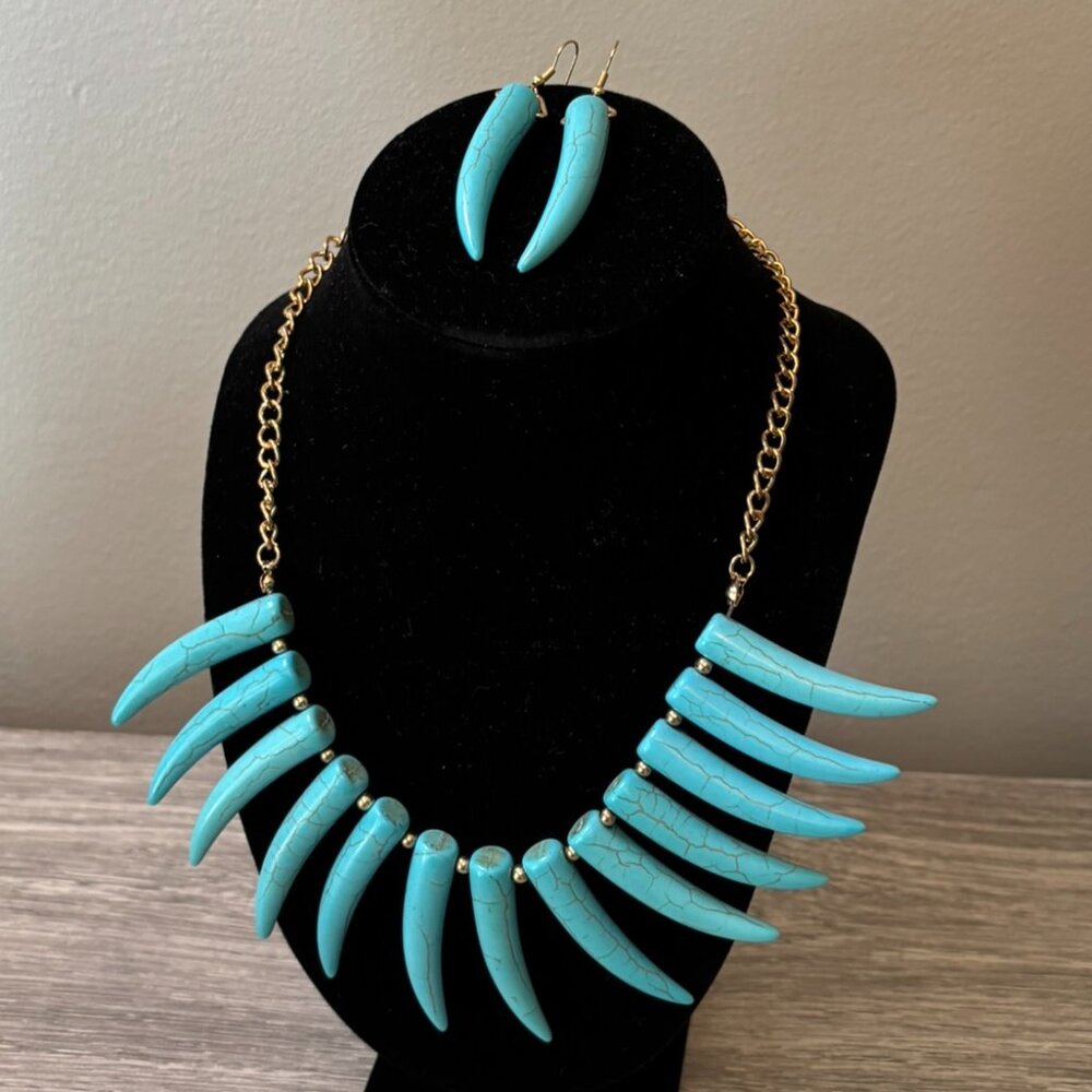 Bold Turquoise Spike Statement Jewelry Necklace & Earring Set